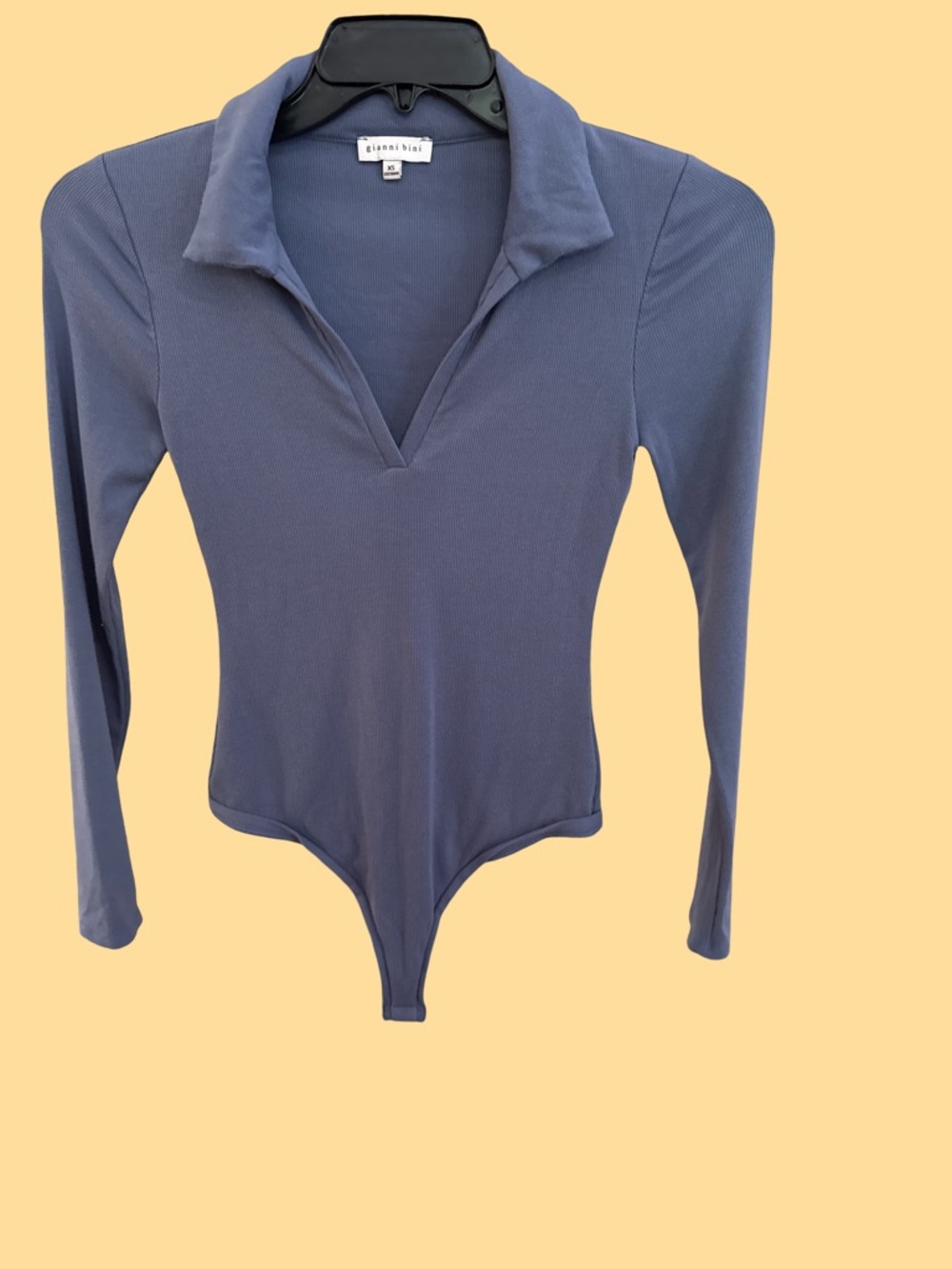 Gianni Bini Slate Blue Long-Sleeve Collared V-Neck Bodysuit